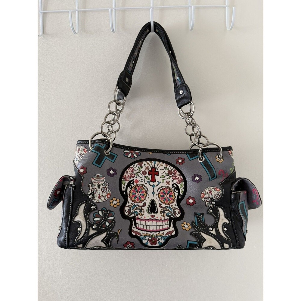 Cowgirl Trendy Concealed Carry Purse Womens Black Leather Sugar Skulls & Crosses